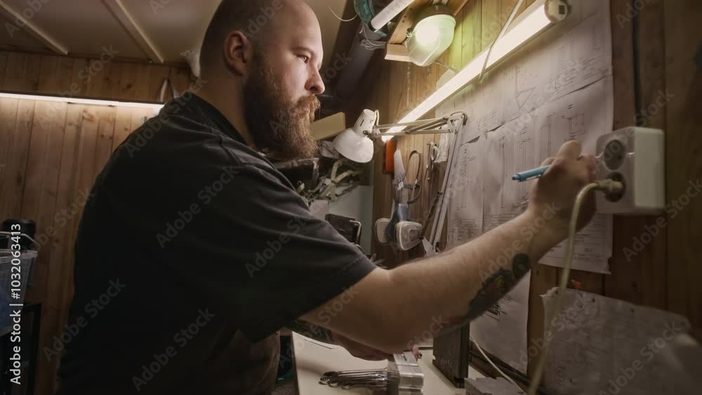 Medium shot of tattooed young Caucasian male plastic recycling factory worker checking newly cut prototype of extruder mold, measuring with caliper, then writing number on technical drawing on wall Medium shot of tattooed young Caucasian male plastic recycling factory worker checking newly cut prototype of extruder mold, measuring with caliper, then writing number on technical drawing on wall