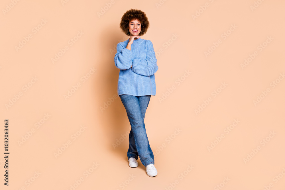 Full size photo of smart intelligent girl dressed knit sweater jeans hold arm on chin think business isolated on pastel color background Full size photo of smart intelligent girl dressed knit sweater jeans hold arm on chin think business isolated on pastel color background