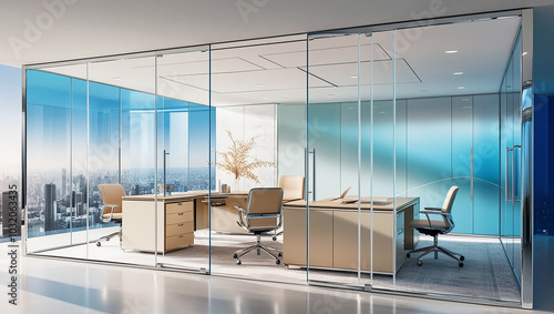 Modern office interior with glass partitions and city view. 3D Rendering
By Who is Danny photo