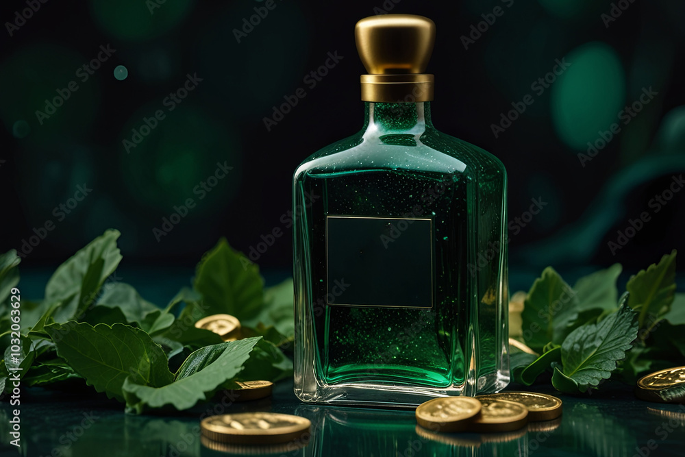 A Magical Potion Encircled by Lush Green Leaves and Gold Coins A Magical Potion Encircled by Lush Green Leaves and Gold Coins