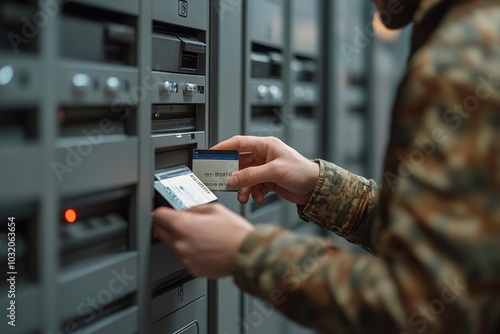 Male customer pays credit card using automated mail terminal or self-service locker. Mail delivery concept, Generative AI