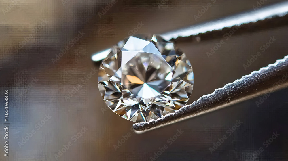 A close-up view of a brilliant-cut diamond being delicately held by tweezers, emphasizing its exceptional clarity and brilliant sparkle A close-up view of a brilliant-cut diamond being delicately held by tweezers, emphasizing its exceptional clarity and brilliant sparkle