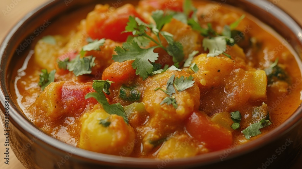 A close-up of a bowl of vegetable curry with red peppers and fresh cilantro. A close-up of a bowl of vegetable curry with red peppers and fresh cilantro.