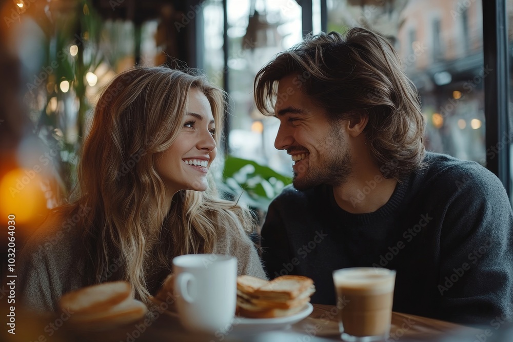 Young cheerful caucasian couple drinking coffee and eating sandwiches in coffee house or cafe, enjoying pleasant talk indoors. People, date, love and lifestyle, Generative AI Young cheerful caucasian couple drinking coffee and eating sandwiches in coffee house or cafe, enjoying pleasant talk indoors. People, date, love and lifestyle, Generative AI