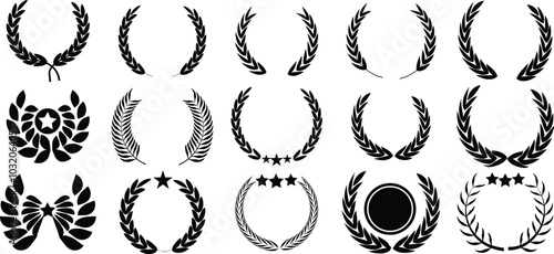 Floral laurel wreath Set of wreath, wheat element for winner, award, champion. Tree branch wreath