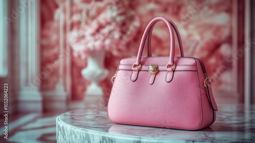 A pink leather handbag with gold accents sits on a marble table with a pink and white floral background.