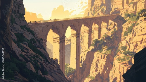 Roman bridge arches stretch over a deep ravine bright sunlight and greenery on cliffs creating contrast