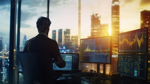 Businessman Working in a Modern Office with a City View