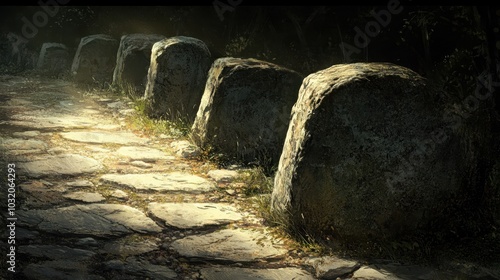 Close-up of Roman road boundary stones smooth tops worn by time small cracks and chisel marks visible in soft light photo