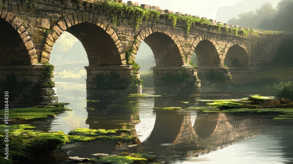 Roman bridge spanning wide river arches reflected in water bright sunlight revealing mossy stones Roman bridge spanning wide river arches reflected in water bright sunlight revealing mossy stones