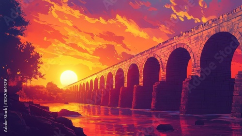 Golden sunset over Roman bridge colorful sky and warm light reflecting on arches and riverbank