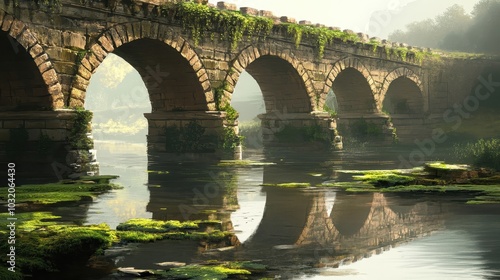 Roman bridge spanning wide river arches reflected in water bright sunlight revealing mossy stones