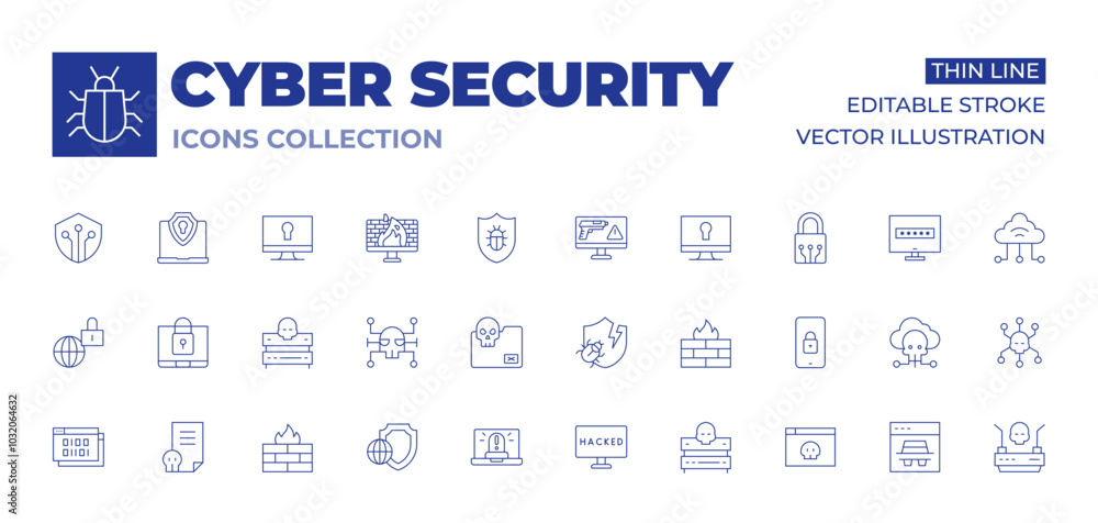 Cyber security icons collection. Thin Line icons, editable stroke. firewall, folder, hacked, malware, server, shield, hacker, hacking, smartphone, spy, file, internet, security, web Cyber security icons collection. Thin Line icons, editable stroke. firewall, folder, hacked, malware, server, shield, hacker, hacking, smartphone, spy, file, internet, security, web