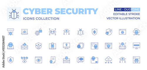 Cyber security icons collection. Line Duotone style, editable stroke. lock, server, shield, spyware, firewall, digital security, file, security, spy, cyber security, cybersecurity threats