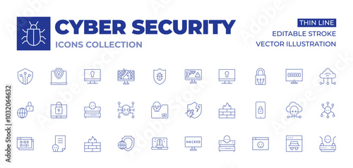 Cyber security icons collection. Thin Line icons, editable stroke. firewall, folder, hacked, malware, server, shield, hacker, hacking, smartphone, spy, file, internet, security, web