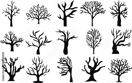 Horror leafless tree and root silhouette icon set.
