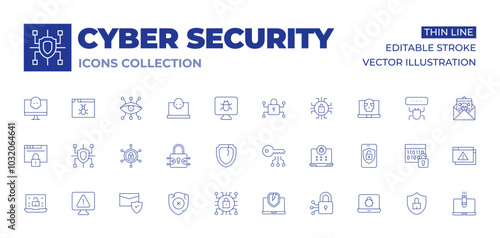 Cyber security icons collection. Thin Line icons, editable stroke. access, alert, anti, broken shield, computer, cyber, cyber crime, cyber security, bug, cyber attack, ddos, hacking, virus, browser