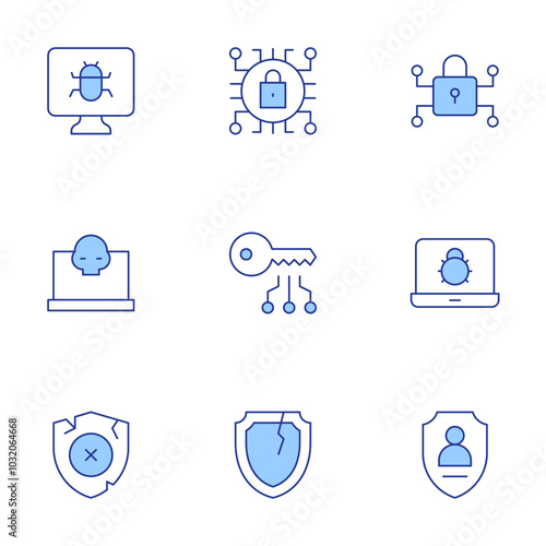 Cyber security icons set. Line Duotone style, editable stroke. broken shield, cyber, bug, cyber attack, cyber security