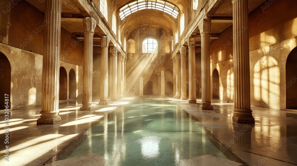Wide-angle view of frigidarium with cold pool sunlight casting shadows on polished marble floor Wide-angle view of frigidarium with cold pool sunlight casting shadows on polished marble floor