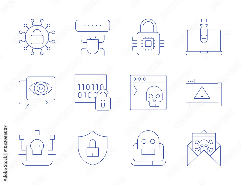 Cyber security icons. Thin Line style, editable stroke. cyber security, spyware, terminal, bug, cyber attack, cybersecurity threats, ddos, hacking, virus, cyber Cyber security icons. Thin Line style, editable stroke. cyber security, spyware, terminal, bug, cyber attack, cybersecurity threats, ddos, hacking, virus, cyber
