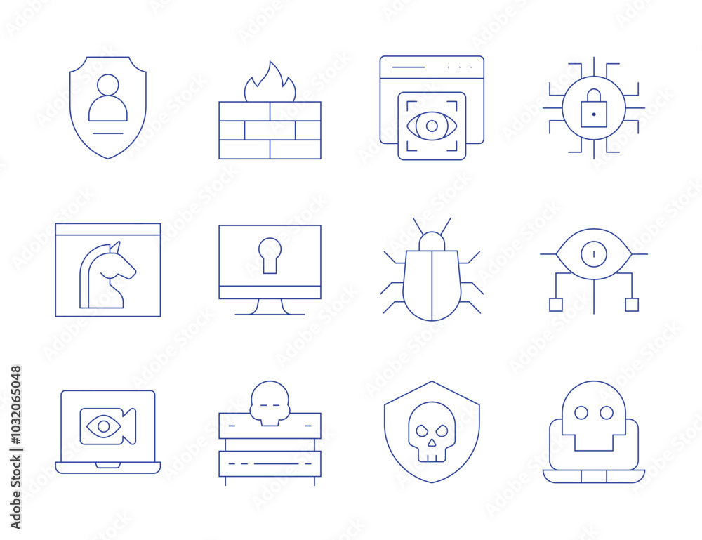 Cyber security icons. Thin Line style, editable stroke. firewall, lock, server, trojan horse, view, virus, digital security, spyware, cyber security, cybersecurity threats, browser Cyber security icons. Thin Line style, editable stroke. firewall, lock, server, trojan horse, view, virus, digital security, spyware, cyber security, cybersecurity threats, browser