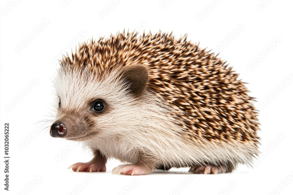 A small hedgehog standing on a white surface, great for use in illustrations or designs A small hedgehog standing on a white surface, great for use in illustrations or designs