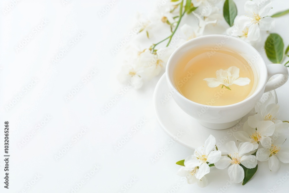 A cup of fragrant jasmine tea in a white porcelain cup, with a small bouquet of jasmine flowers on a clean white background. Blank space for text or branding. Ideal for luxury or organic tea brands. A cup of fragrant jasmine tea in a white porcelain cup, with a small bouquet of jasmine flowers on a clean white background. Blank space for text or branding. Ideal for luxury or organic tea brands.