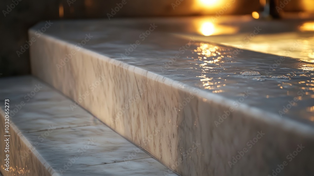 Marble bench in bathhouse polished white surface with grey veins water droplets reflecting warm glow Marble bench in bathhouse polished white surface with grey veins water droplets reflecting warm glow
