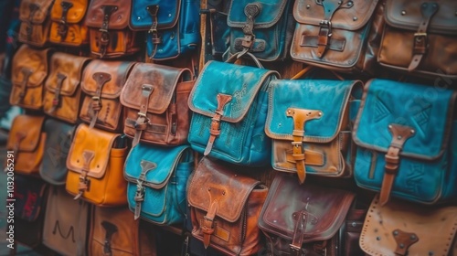 A Wall of Vintage Leather Bags with Blue and Brown Tones photo