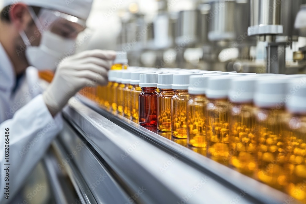 A scientist in a lab coat works on a conveyor belt, surrounded by machinery and equipment A scientist in a lab coat works on a conveyor belt, surrounded by machinery and equipment