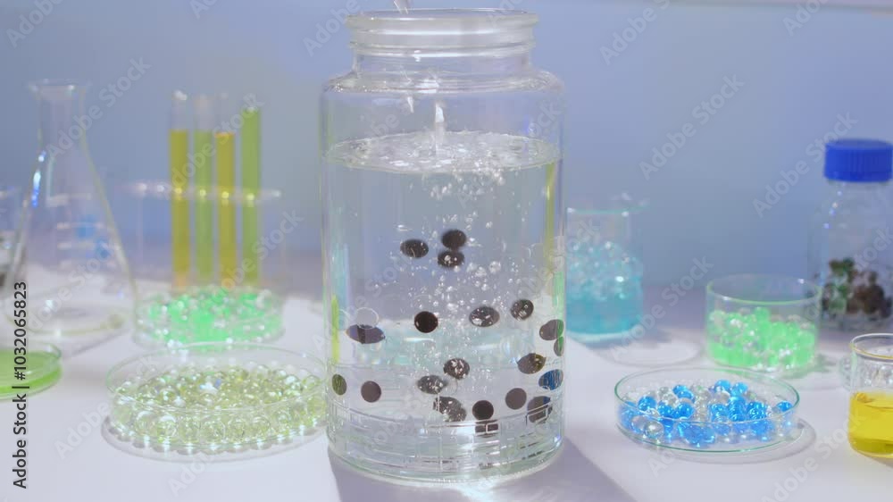 In a video template depicting a contemporary lab experiment, a scientist fills a large cork bottle with a clear solution and adds hydrogel balls to it. In a video template depicting a contemporary lab experiment, a scientist fills a large cork bottle with a clear solution and adds hydrogel balls to it.