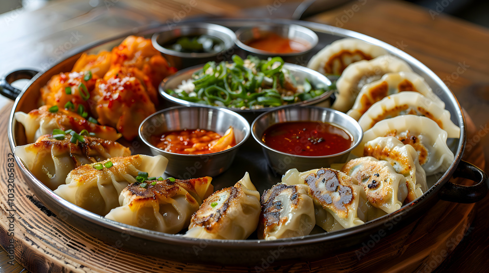 A platter of assorted gyoza with various fillings and dipping sauces A platter of assorted gyoza with various fillings and dipping sauces