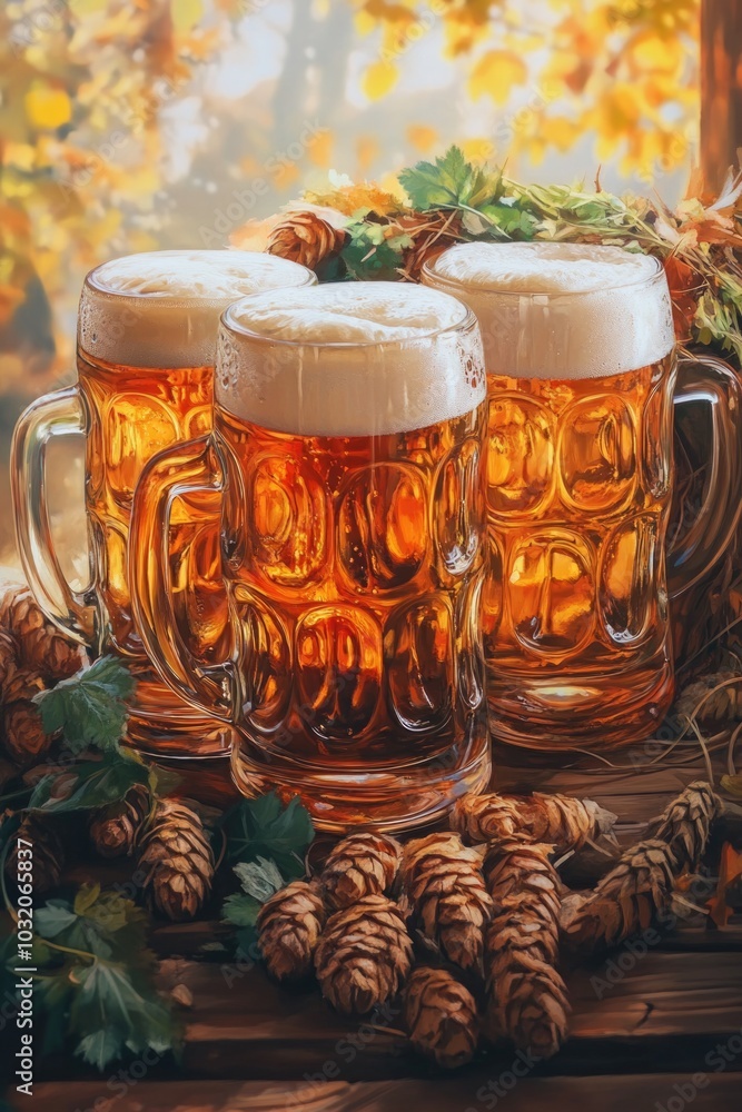 Two beer mugs sitting on a table, perfect for a party or gathering Two beer mugs sitting on a table, perfect for a party or gathering