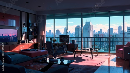 Modern apartment, dark furniture, city atmosphere, comic book style, hints of cyan and magenta