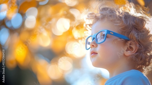 Young child wearing blue glasses focusing on distant tree outside window, symbolizing myopia prevention and importance of outdoor activities.