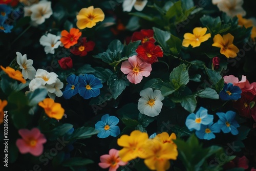 A cluster of colorful flowers growing among the lush green grass