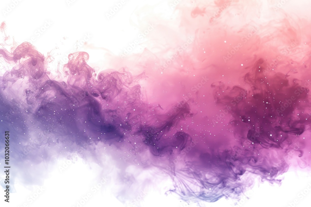 Fototapeta premium A pink and purple cloud of smoke floats against a pure white background, perfect for adding visual interest to your design