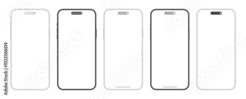 iPhone 16 Pro Max modern smartphone devices mockup template set. Black gray frame mobile phones with blank display for user interface design