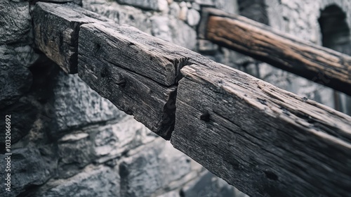 Cracked wooden beams reinforcing fortress wall worn by time embedded in grey stone