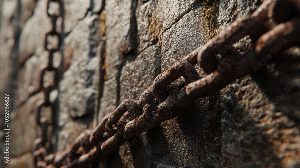Close-up of fortress drawbridge chain worn smooth with rust and small plants growing Close-up of fortress drawbridge chain worn smooth with rust and small plants growing