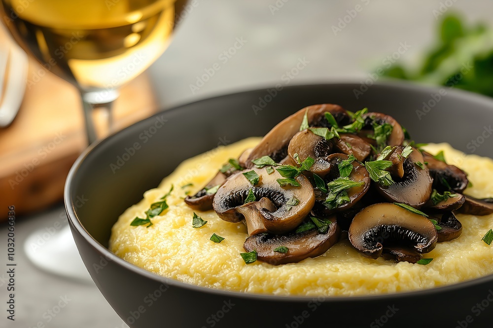 A Bowl of Creamy Polenta Topped With Sautéed Mushrooms and Herbs, Served in a Rustic Italian Farmhouse, Food Photography, Food Menu Style Photo Image A Bowl of Creamy Polenta Topped With Sautéed Mushrooms and Herbs, Served in a Rustic Italian Farmhouse, Food Photography, Food Menu Style Photo Image