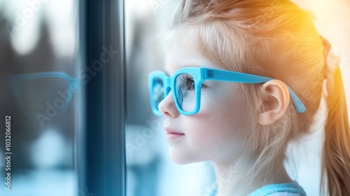 Young child wearing blue glasses focusing on distant tree outside window, symbolizing myopia prevention and importance of outdoor activities.