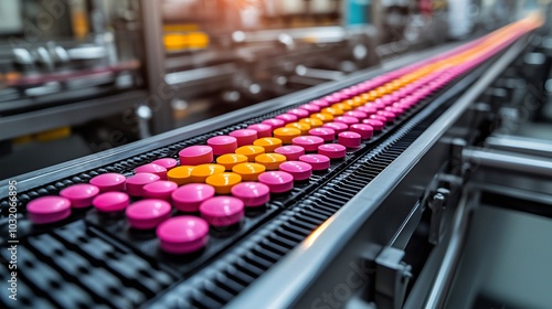 Pharmaceutical manufacturing conveyor belt carrying pink and orange pills