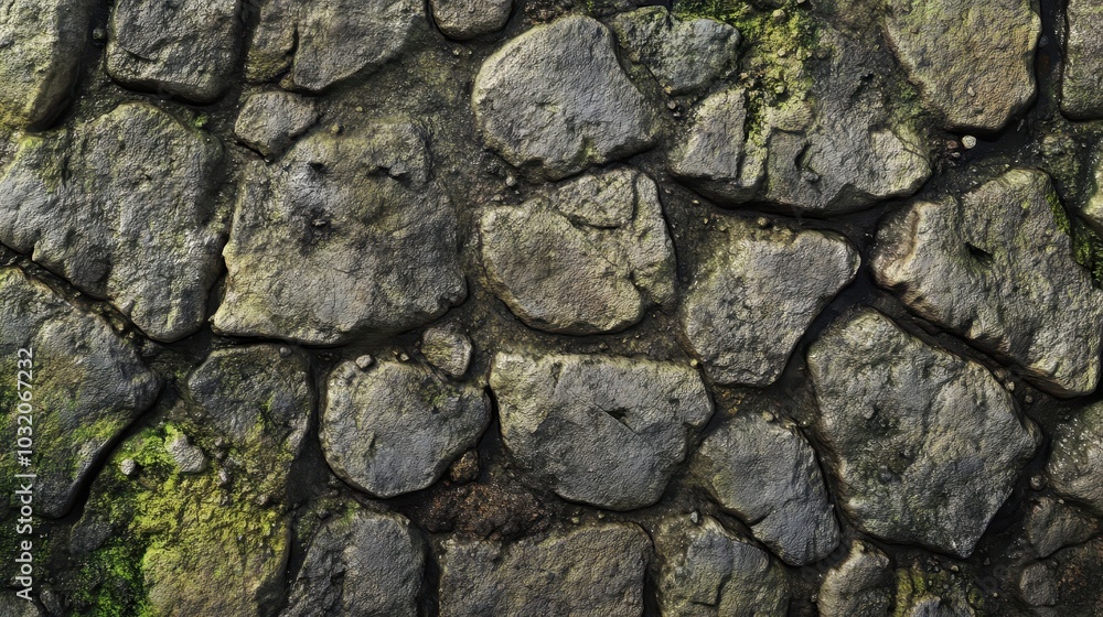 Tower foundation with cracked stones moss-covered and damp from surrounding environment Tower foundation with cracked stones moss-covered and damp from surrounding environment