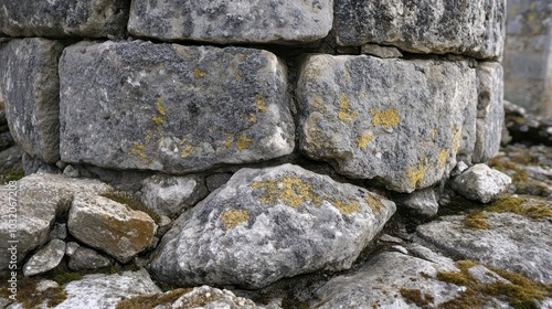 Close-up of tower base irregular stones with cracks moss and lichen growing over surface