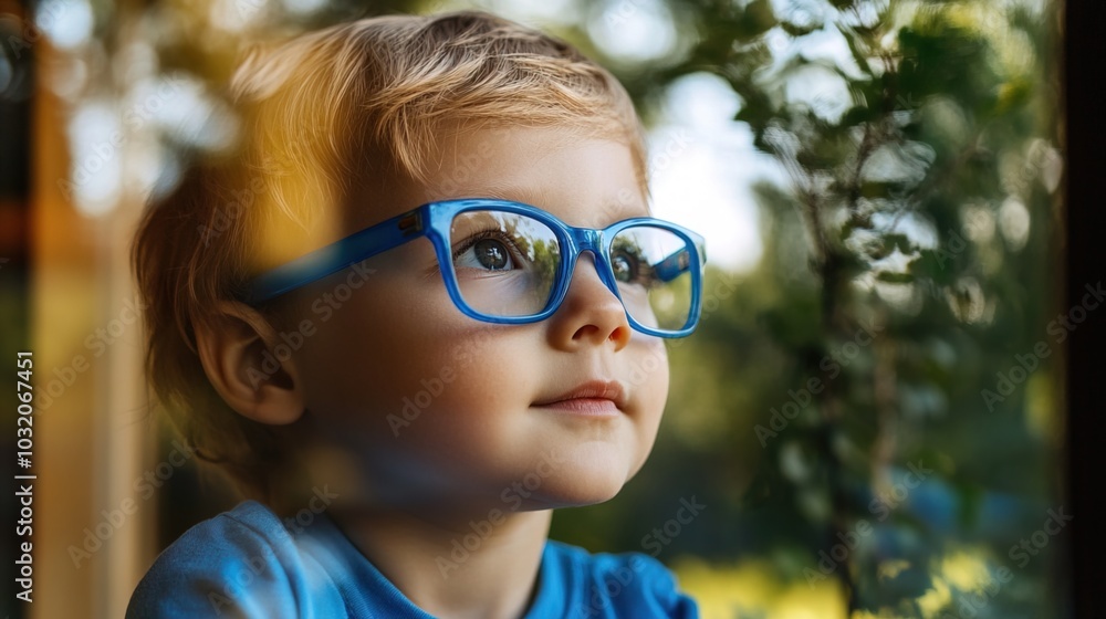 Young child wearing blue glasses focusing on distant tree outside window, symbolizing myopia prevention and importance of outdoor activities. Young child wearing blue glasses focusing on distant tree outside window, symbolizing myopia prevention and importance of outdoor activities.