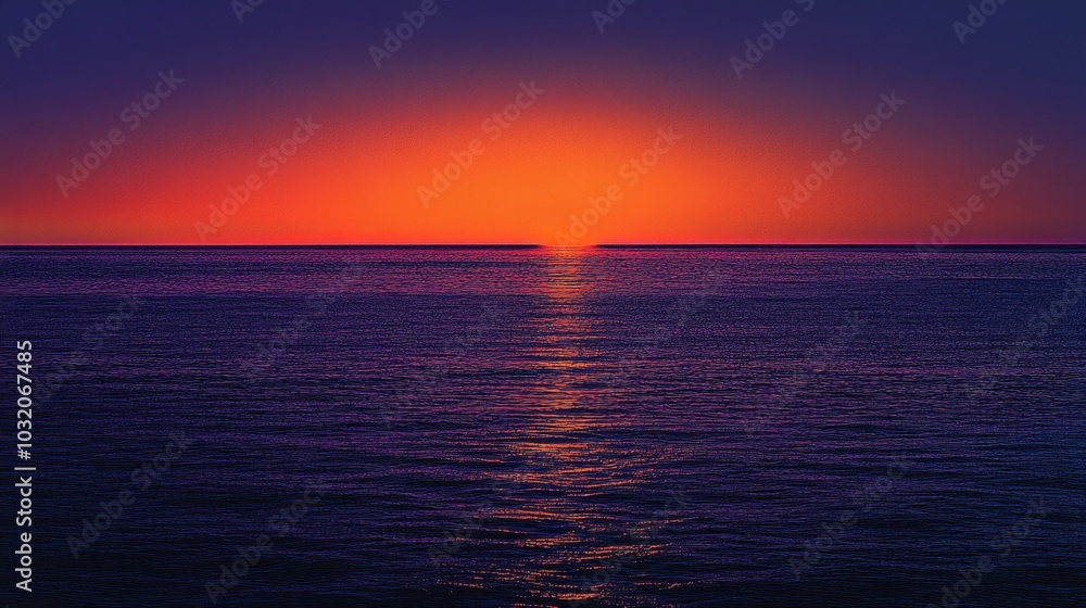 Obraz premium A sea horizon with the sun just dipping below, casting vibrant orange and purple hues across the water.