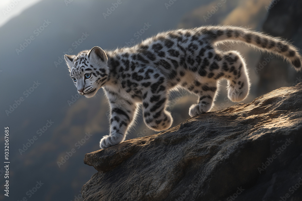 Fototapeta premium A Stunning Leopard Gracefully Navigates the Sparkling White Snow, Its Distinctive Spots Standing Out Against the Winter Wonderland, Showcasing Nature’s Beauty and the Majesty of This Elusive Big Cat