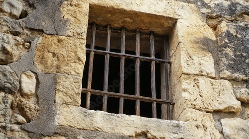 Rusted iron grating over narrow window bent bars with cracked darkened stone frame