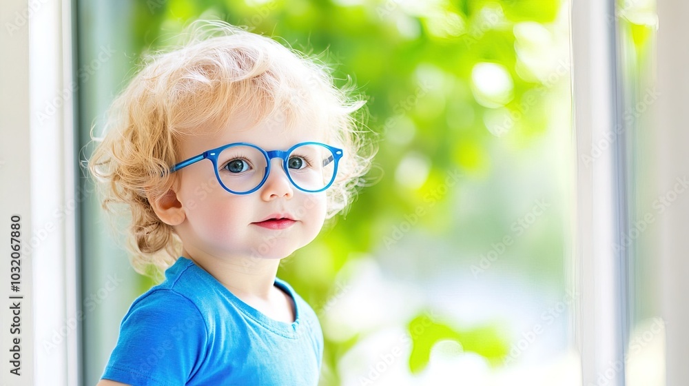 Young child wearing blue glasses focusing on distant tree outside window, symbolizing myopia prevention and importance of outdoor activities. Young child wearing blue glasses focusing on distant tree outside window, symbolizing myopia prevention and importance of outdoor activities.